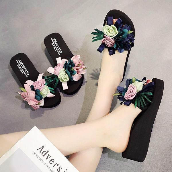 

slippers women female summer high-heel beach shoes thick-sole flowers woman princess open toe zapatos de mujer flip flops, Black