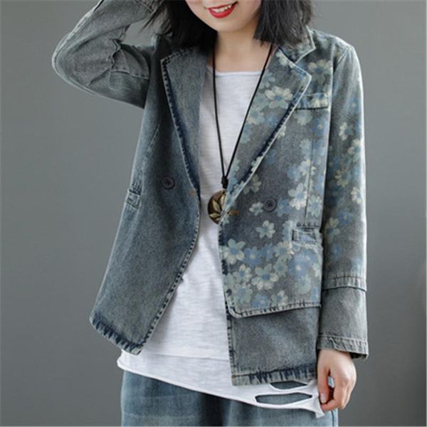 

spring fashion style petals printed and dyed denim qn the left side washed thin short suit jacket women's trendy suits & blazers, White;black