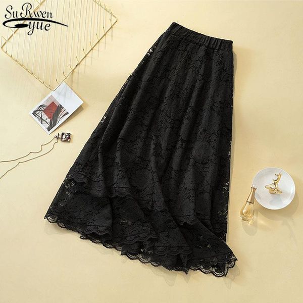 

skirts autumn casual lace black skirt high waist loose womens 2021 floral mid-calf plus size women mujer faldas 9833