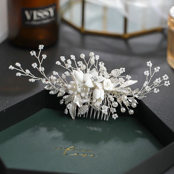

trendy wedding hair accessories rhinestone pearl hair comb for women handmade flower headdress bride tiara jewelry accessories, White;golden