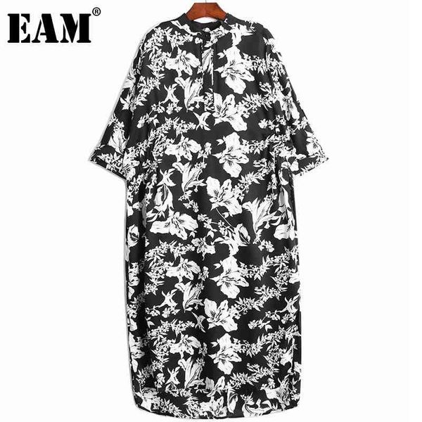 

[eam] women printed pleated back bigsize long dress stand neck half sleeve loose fit fashion spring summer 1dd8584 21512, Black;gray
