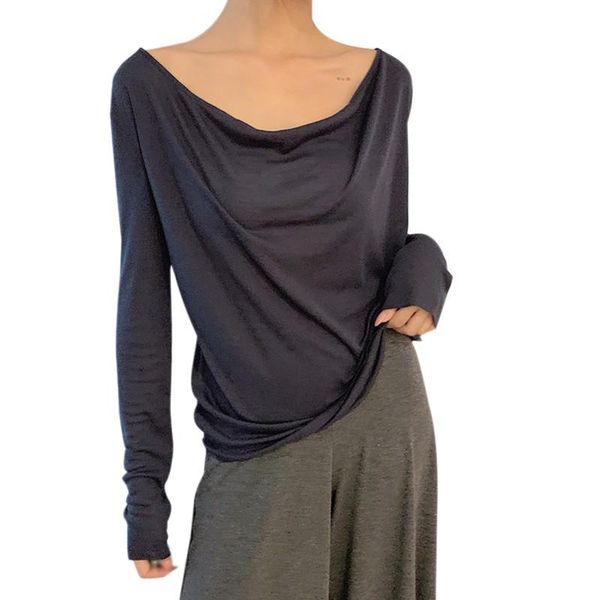 

women's t-shirt women lazy style slash-neck design sense casual solid color loose versatile full-sleeved autumn, White