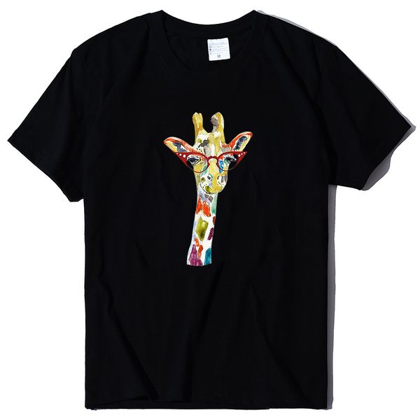 

color giraffe art print large loose urban casual t-shirt, White