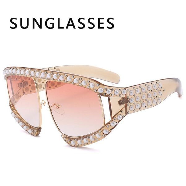

sunglasses pearl-studded women oversize mirror shade metal-eyewear large frame gradient trendy gafas de sol, White;black