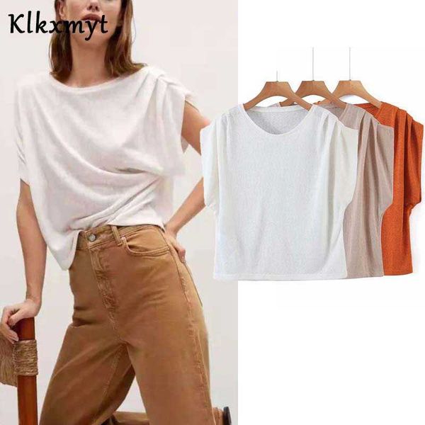 

klkxmyt za women fashion solid color flax casual t-shirts female basic o neck shirring sleeve t shirt chic 210527, White