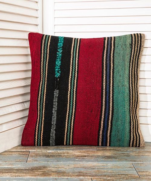 

pillow case calming colors red green striped natural fabric hand crafted vintage style kilim rug boho decor cushion home covers