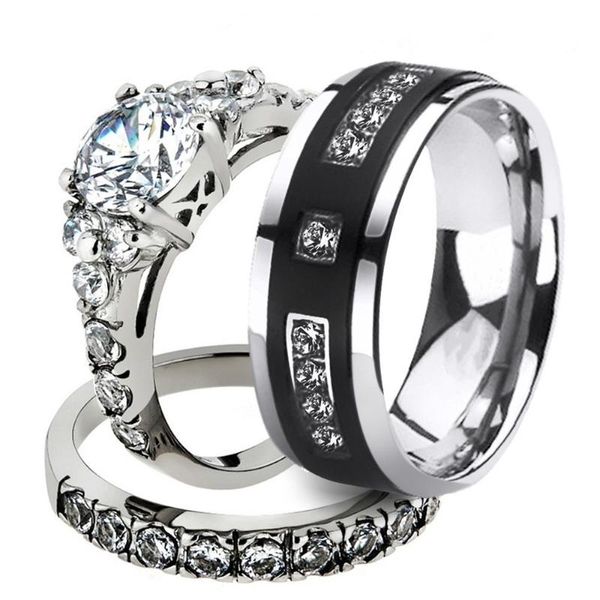 

wedding rings unique design men woman cz 316l stainless steel ring couple silver color paved austrian zircon lover's jewelry, Slivery;golden