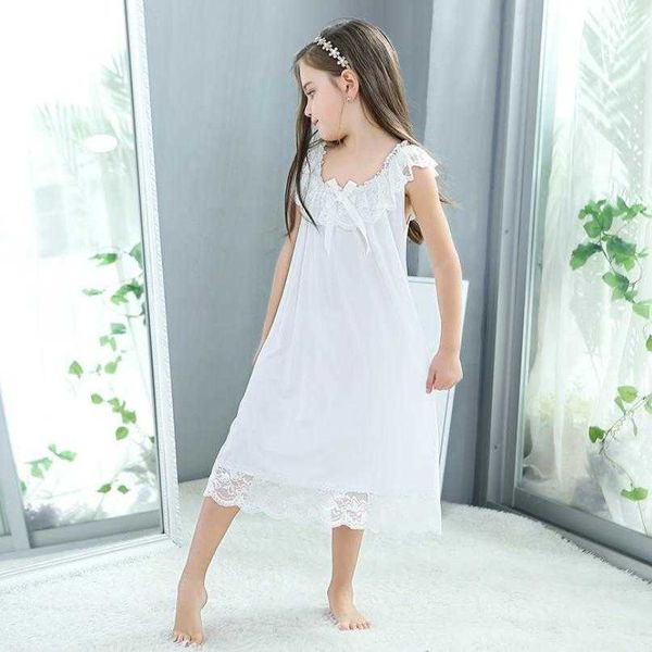 Meninas das crianças de verão vestido sleepwear branco laço de algodão princesa camisola vintage bebê camisola crianças roupas vestidos 210908