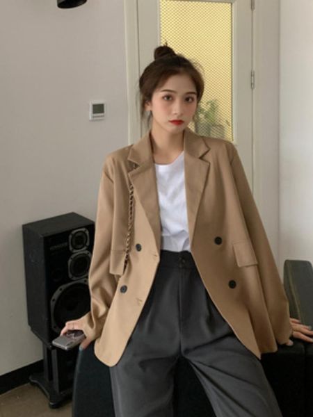 

women's suits & blazers suit autumn korean version of pure color loose long-sleeved double-breasted one-piece jacket, White;black