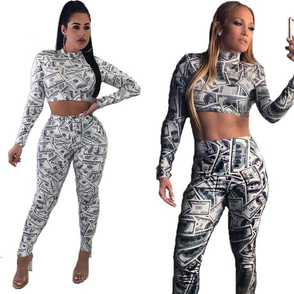 

two piece dress pants set women dollar print long sleeve combinaison pantalon femme woman sweat sets crop and 2021, White
