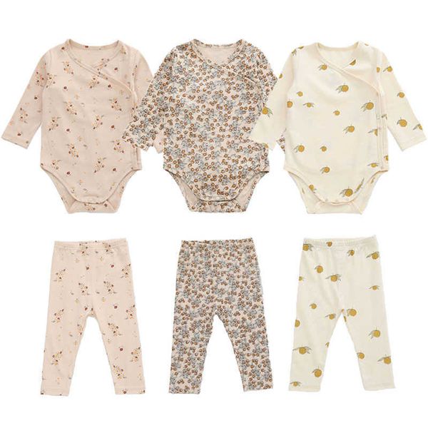Bebê manga comprida romper + calças conjuntos de algodão orgânico New Born Cherry Lemon Floral Brand Newborn Bebé Menina roupas para 0-2Y G1023