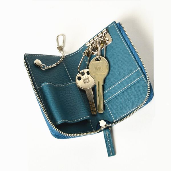 

key packet japanese leather key bag simple car zipper cross grain hand, Red;blue