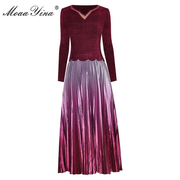 

fashion designer runway dress spring women dress v-neck long sleeve elasticity slim pleated dresses 210524, Black;gray