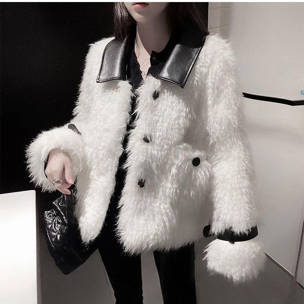 

women's fur & faux women 2021 autumn winter elegant lamb wool coat female long-sleeve casual loose jacket all-match plush warm c407, Black