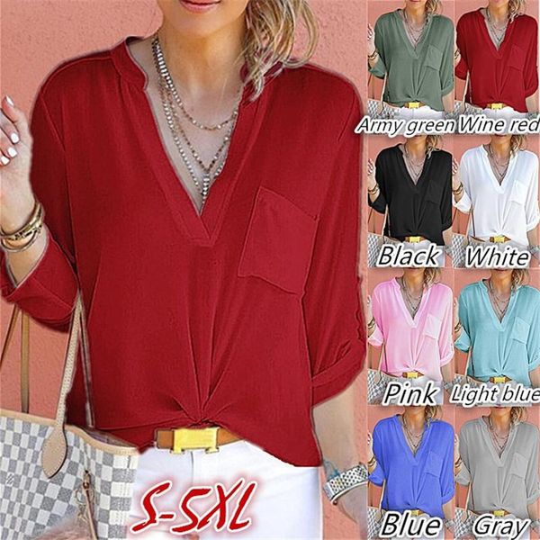 

women's summer chiffon blouse v neck pocket loose shirt female long sleeve beach knot blusas plus size blouses & shirts, White