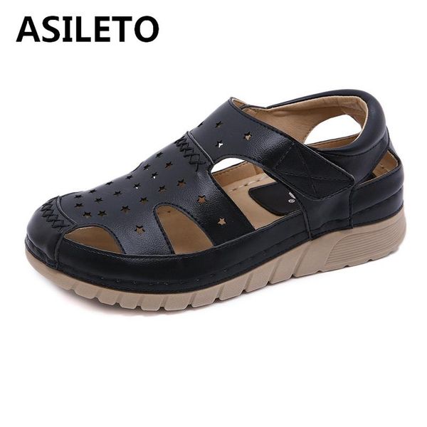 

sandals asileto 2021 slope heel lightweight buckle soft sole hollow mom shoes pu black apricot brown large size 35-42