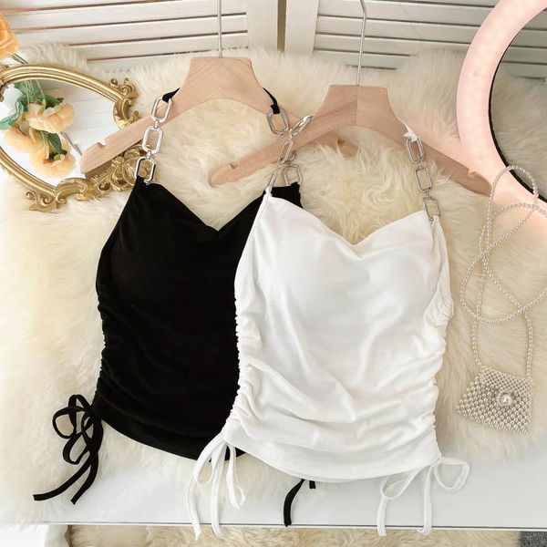 

women's tanks & camis singreiny design chain halter strap women drawstring sleeveless backless slim summer korean off shoulder shor, White