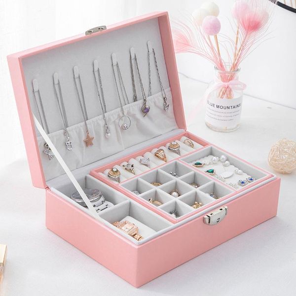 

jewelry pouches, bags 2021 pu leather storage box oversized double-layer packaging european multi-function earrings watch gift, Pink;blue