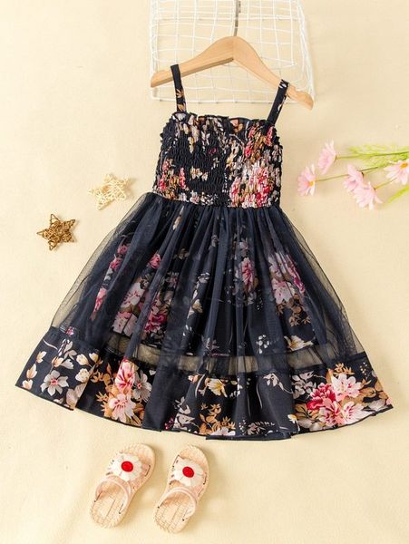 

toddler girls floral print shirred contrast mesh cami dress she, Red;yellow