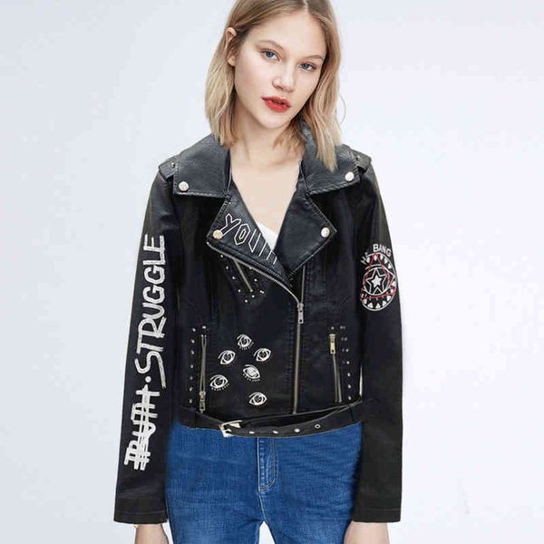 

women's hoodies & sweatshirts graffiti rivet letters locomotive leather jacket fashion women short jackets pu waterproof cool coat drop, Black
