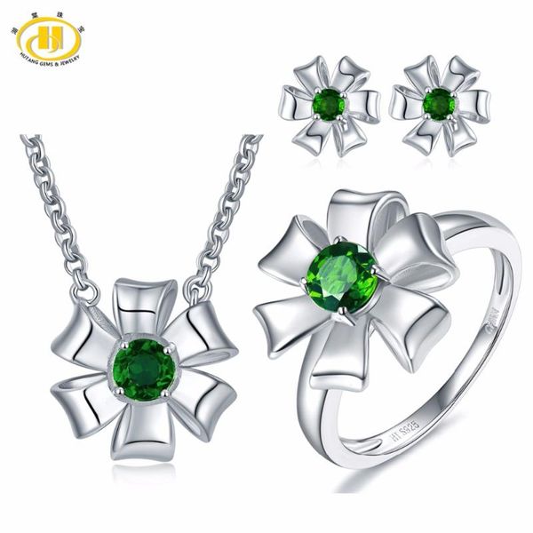 

bracelet, earrings & necklace hutang solid 925 sterling silver 1.31ct natural gemstone chrome diopside pendant ring fine jewelry sets for wo, Black
