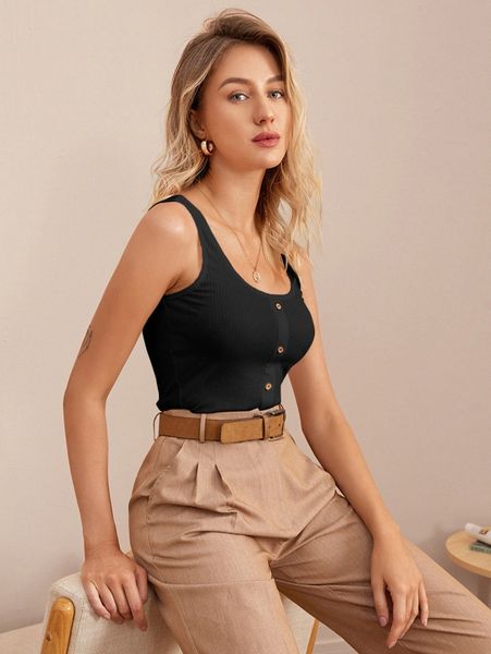 

button front rib-knit tank y2tu#, White