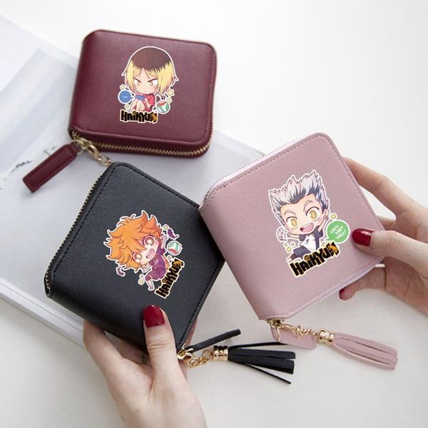 

anime haikyuu pu short wallet with tassel hinata shoyo coin purse casual zipper standard, Red;black