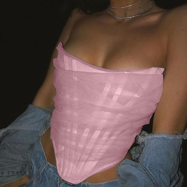 

women's tanks & camis corset women summer strapless off shoulder female boned cropped streetwear bustier mesh crop, White