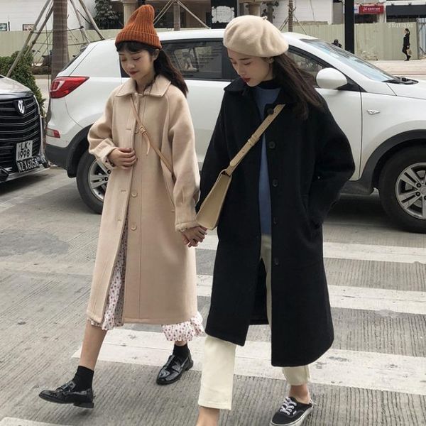 

women's wool & blends japanese woolen coat long autumn and winter korean loose little black temperament hepburn style