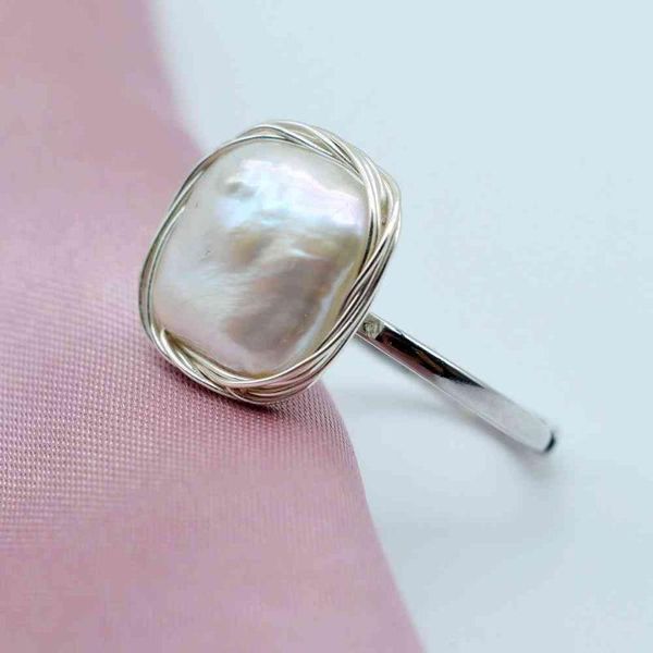

creative girl ring, natural white baroque pearl, silver thread, handmade, adjustable size, pearl ring cluster rings, Golden;silver