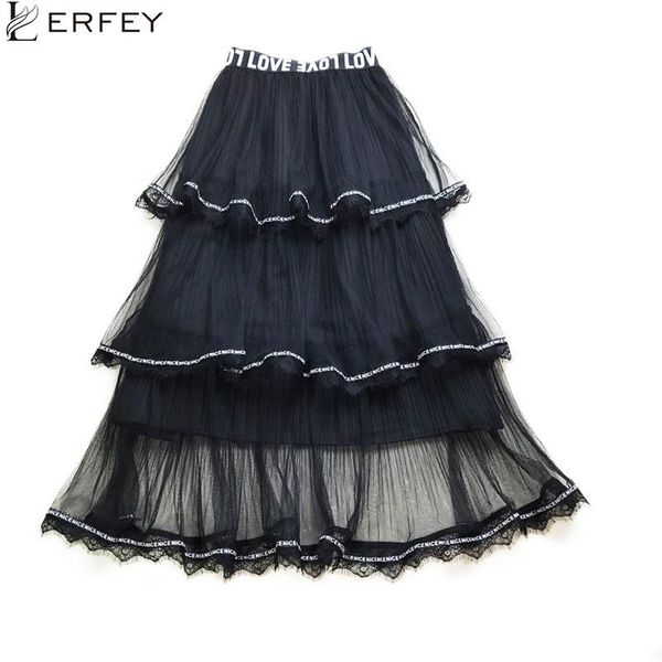 

skirts lerfey tulle women black white summer casual skirt elastic elegant high waist pleated ruffles cake mesh long saias