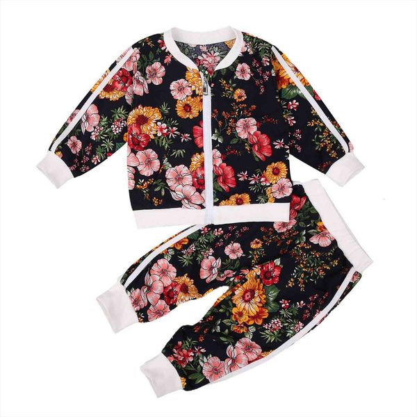 

3 7years kids fall clothes sets 2pcs flower printed long sleeve zipper jacket trousers pants set, White