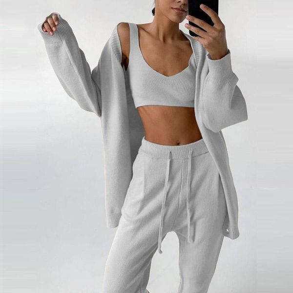 

women's two piece pants vintage three sets women cardigan tracksuits oversized v neck cardigans coat + short tank harem suits, White