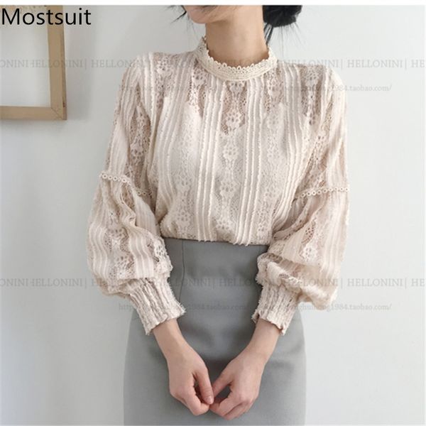 

spring korean lace blouses shirts women hollow long sleeve stand collar elegant fashion pullovers blusas mujer 210518, White