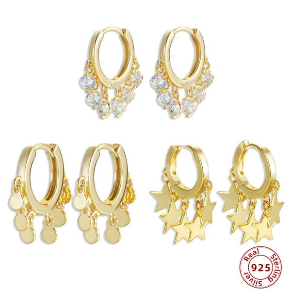 

hoop & huggie 925 sterling silver gold color star round tassel earrings for women charm cz zircon crystal small circle jewelry, Golden;silver