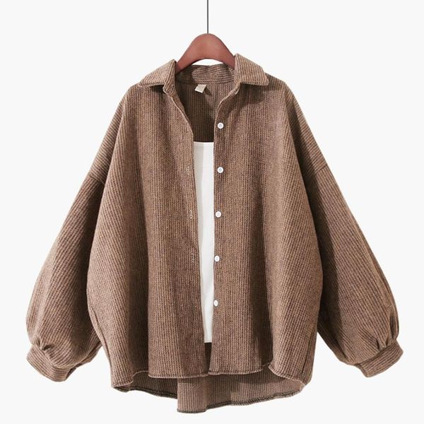 

women's jackets 2021 autumn simple, loose, thin, large size, all-match solid color shirt, long-sleeved thick woolen plaid jacket, women, Black;brown
