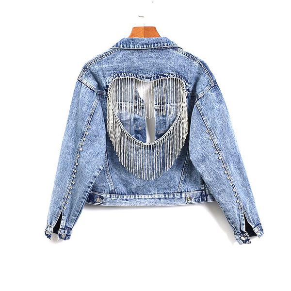 

[ewq] 2021 spring female turn down collar single breasted long-sleeved patchwork diamond tassel denim jacket cardigan coat 8y908 women', Black;brown