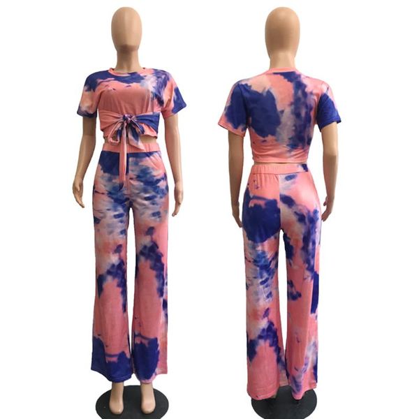 

two piece dress women 2 outfits printed short sleeve bandage crop long loose wide legs pants jumpsuit fashion summer ladies clothing, White