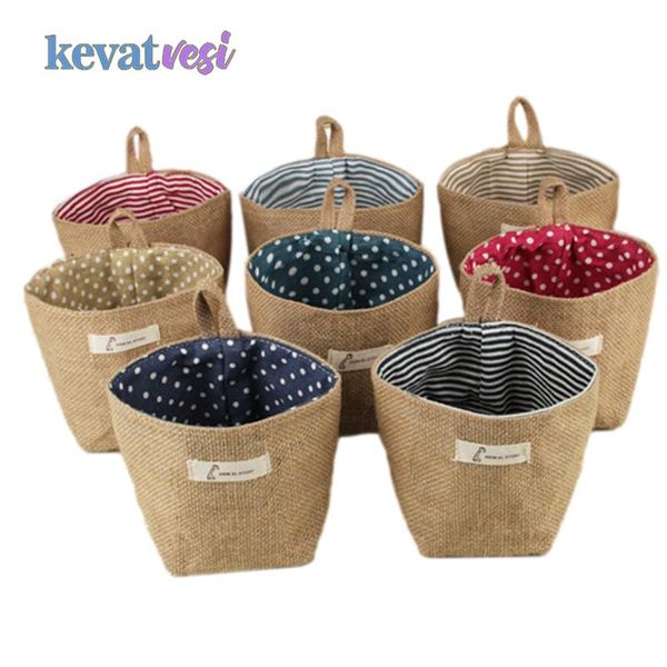 

storage baskets jute cotton linen basket for sundries cosmetics organizer hanging pocket flowerpot small sack bag home decor