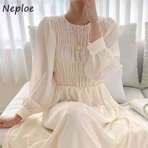 

o neck puff long sleeve pullover dress women high waist hip a line vestidos draped design solid temperament robe spring 210422, Black;gray