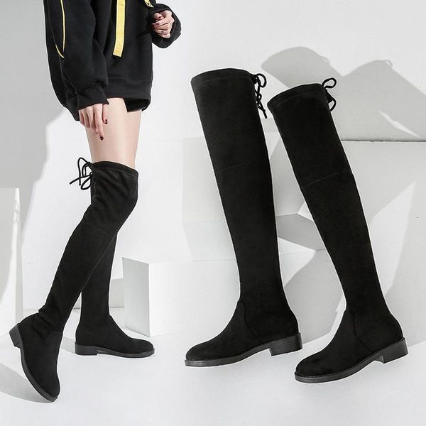 

boots shoes 2021 long woman overknee elastic high heels platform size increase, Black