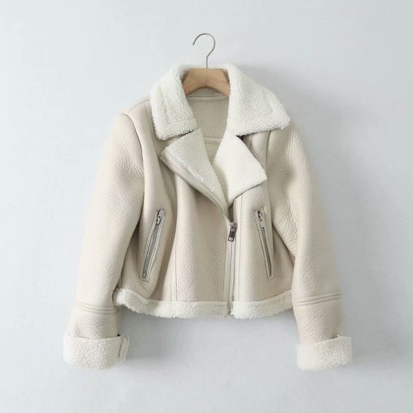 Inverno feminino pele de couro jaqueta feminina falso cordeiro parka casaco grosso pele carneiro quente locomotiva outwear
