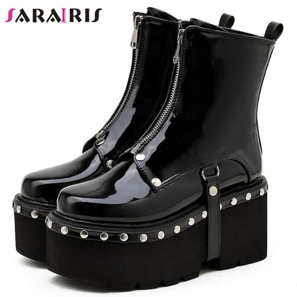 

boots sarairis solid platform zipper ankle women rivet cool fashion thick bottom leisure ladies shoes, Black