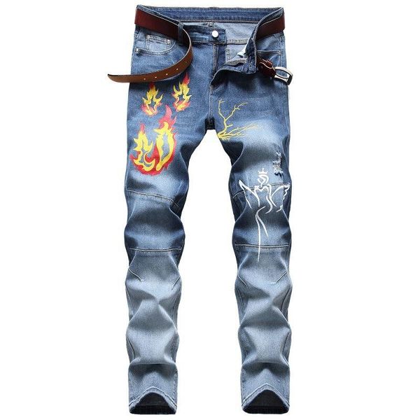 

men's jeans punk nightclub style light blue italy luxury men denim trousers printing straight elasticity pants for