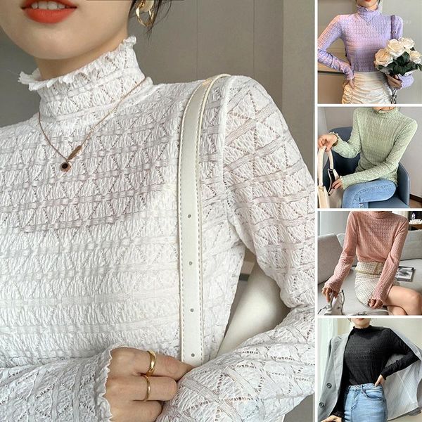 

base lace turtleneck long sleeve net hollow out bottoming shirt mesh autumn women casual crochet white blouse women's blouses & shi