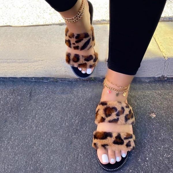

fashion leopard furry slides for shoes women designer slide spring plush slipper fluffy slippers summer sandals, Black