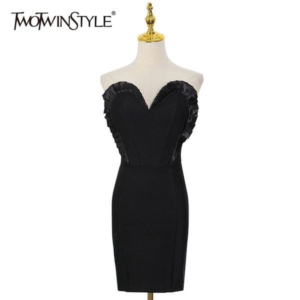

patchwork black dress for women v neck sleeveless ruffle high waist solid mini dresses female fashion 210520, Black;gray