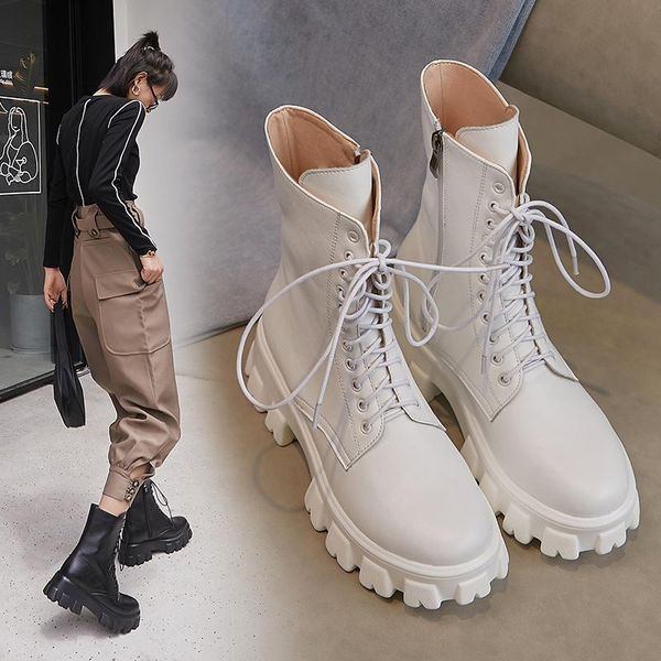 

boots winter women shoes genuine leather round toe platform zip female office lady motorcycle cross-tied, Black