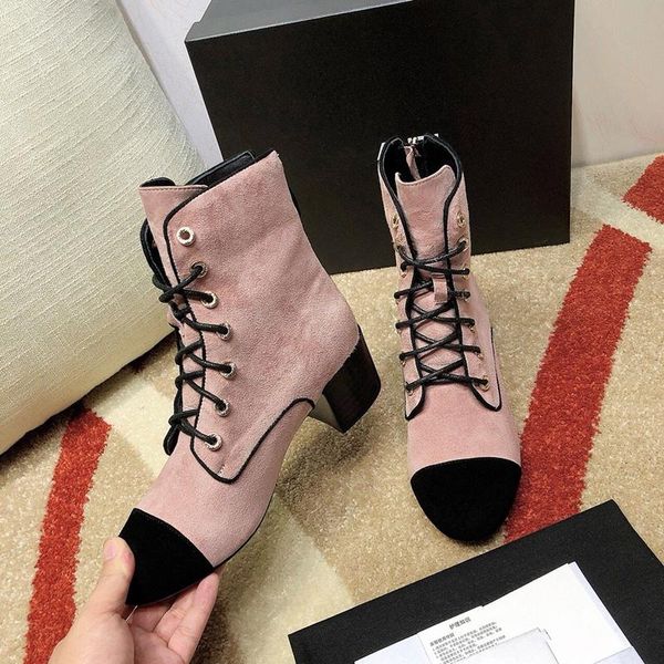 

boots genuine suede leather women ankle fashion lace up round toe short runway low heels winter combat, Black