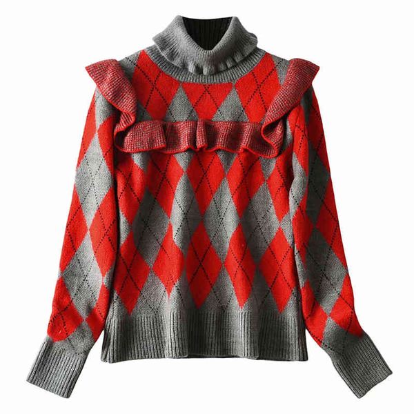 

women's shorts vintage women plaid sweater fashion ladies ruffles turtleneck pullover streetwear female knitted chic girl swe, White;black